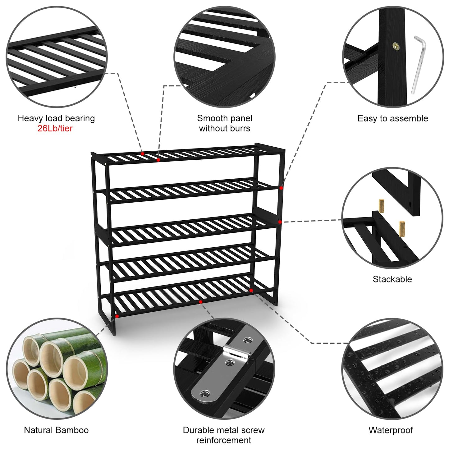 Jripae Shoe Rack Bamboo 5 Tier Shoe Organizer, Storage 20-25 Pairs for Closet Entryway, Stackable Large Tall Shoe Shelf Holder Stand Cubby for Door Hallway Bedroom Garage