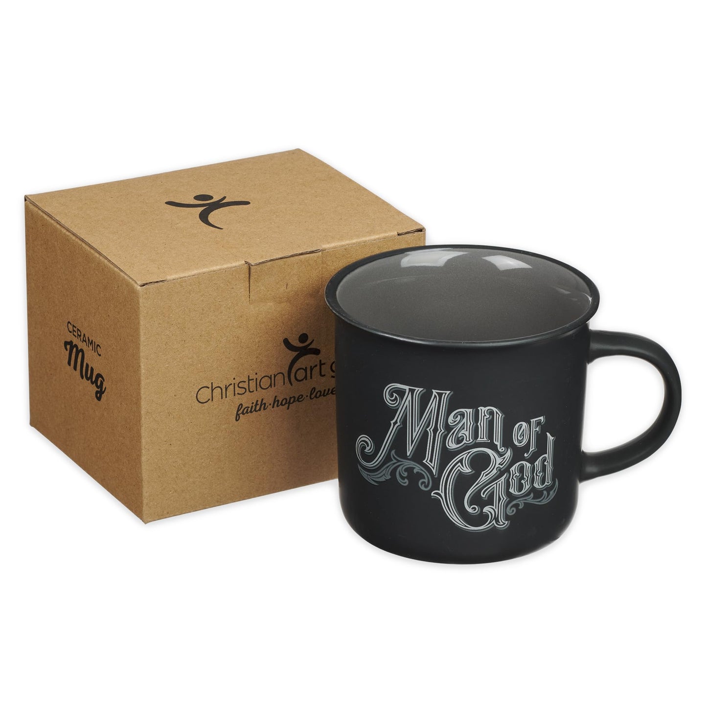 Christian Art Gifts Charcoal Gray Camp-Style Ceramic Coffee Mug – 13 oz. Lead and Cadmium-Free Non-Toxic Inspirational Scripture Coffee and Tea Mug for Men with Bible Verse: Man of God –1 Timothy 6:11
