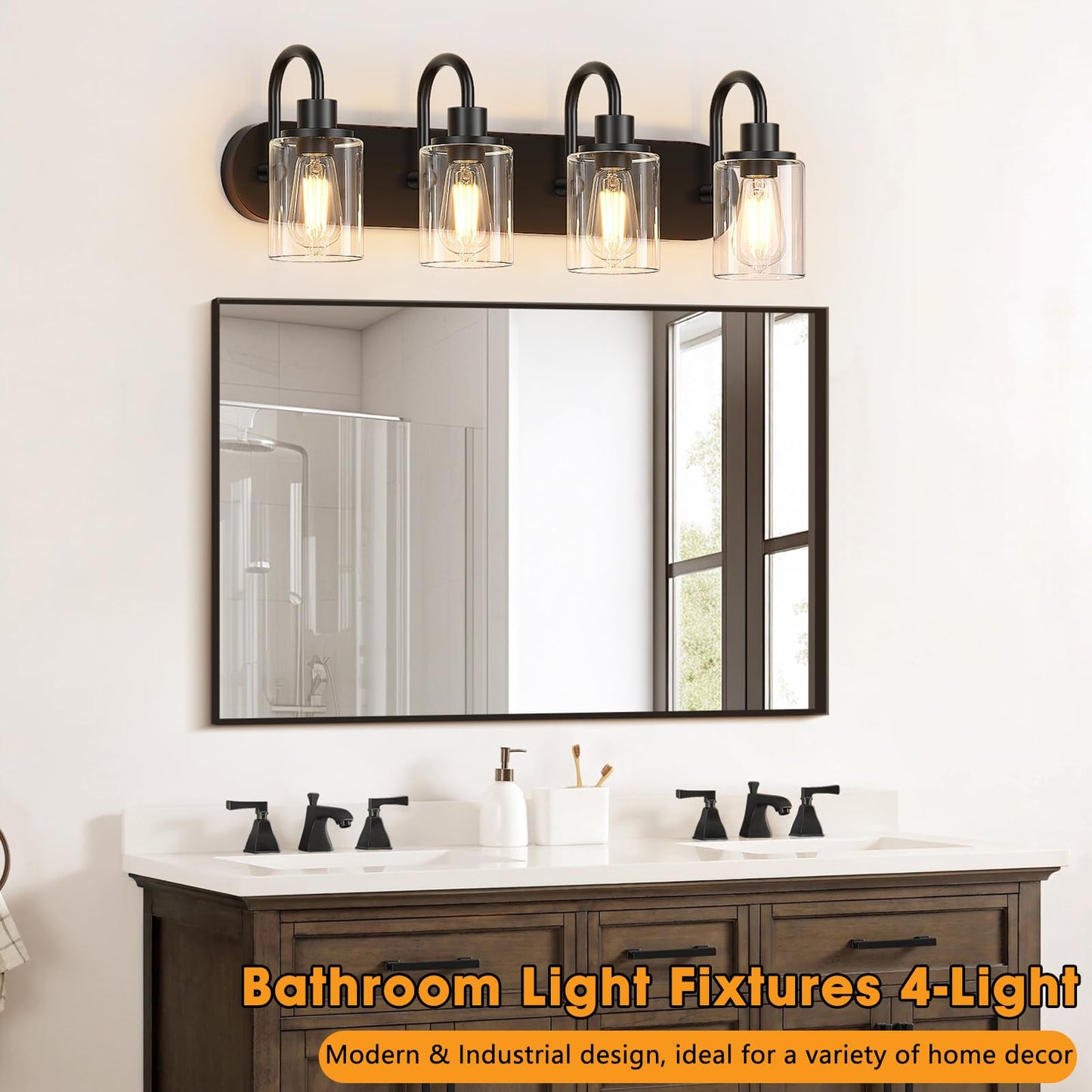 Baocuz 4-Light Vanity Lights for Bathroom, Modern Black Bathroom Light Fixtures Over Mirror, 23.6 inch Bathroom Wall Sconces for Hallway, Bedroom, Living Room with Clear Glass Shade
