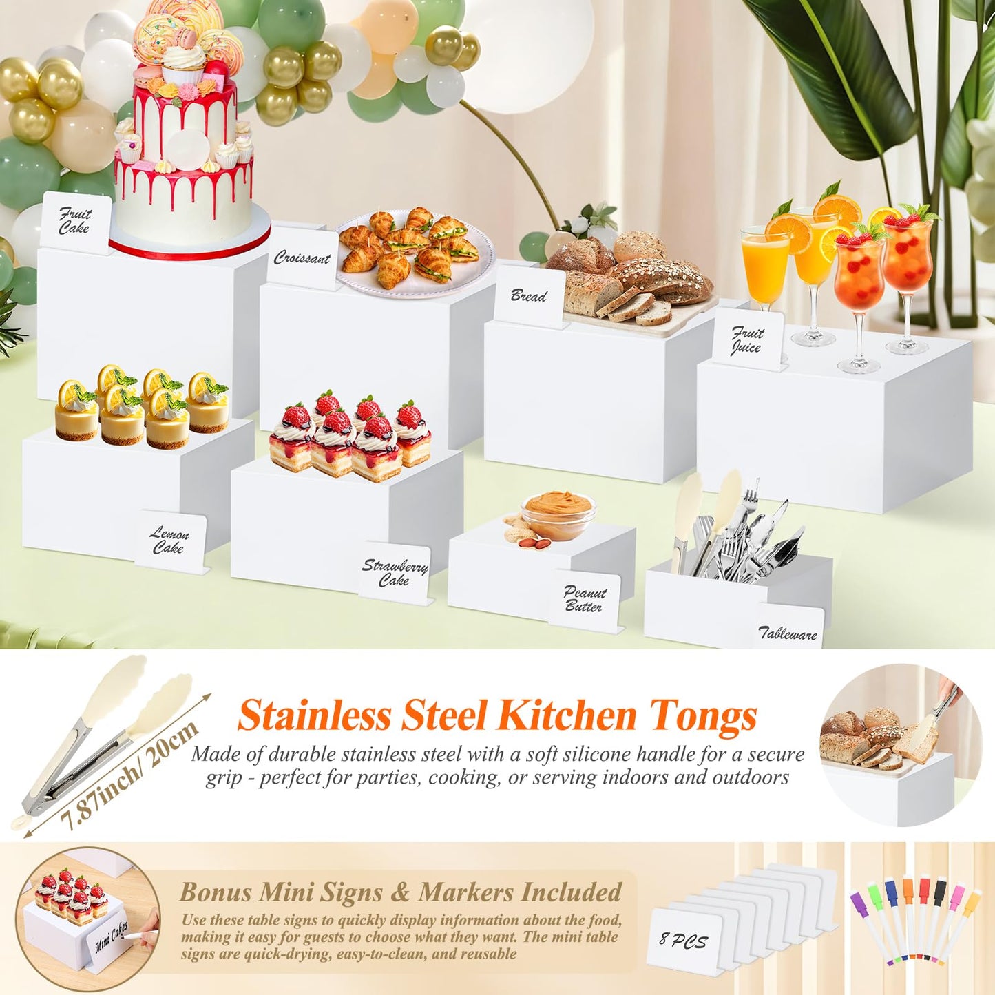 8 Pcs White Buffet Risers with Mini Table Sign, Serving Tongs, Acrylic Food Risers for Buffet Table Display Stand Shelf for Party Catering Dessert Jewelry Collectibles (Size 9" 8" 7" 6" 5" 5" 4" 4")