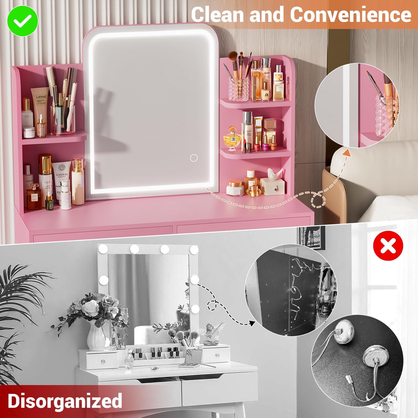 Vanity Desk, Makeup Vanity Desk with Mirrors, Vanity Set with 2 Storage Drawers and Open Shelves, 3 Colors LED Brightness Adjustable Dressing Table, Makeup Desk for Girl and Women, Pink
