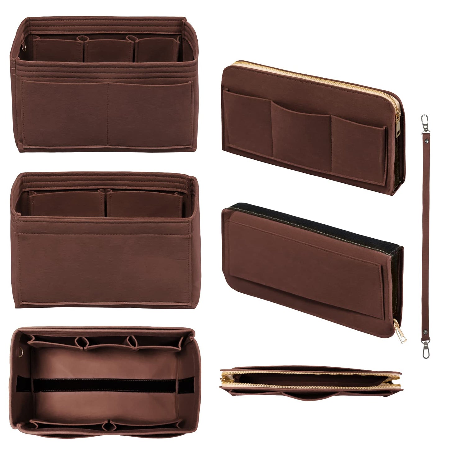 DailyPlus Purse Organizer Insert with Zipper & Key Chain Felt Bag Organizer for Tote Purse Handbag Brown Medium
