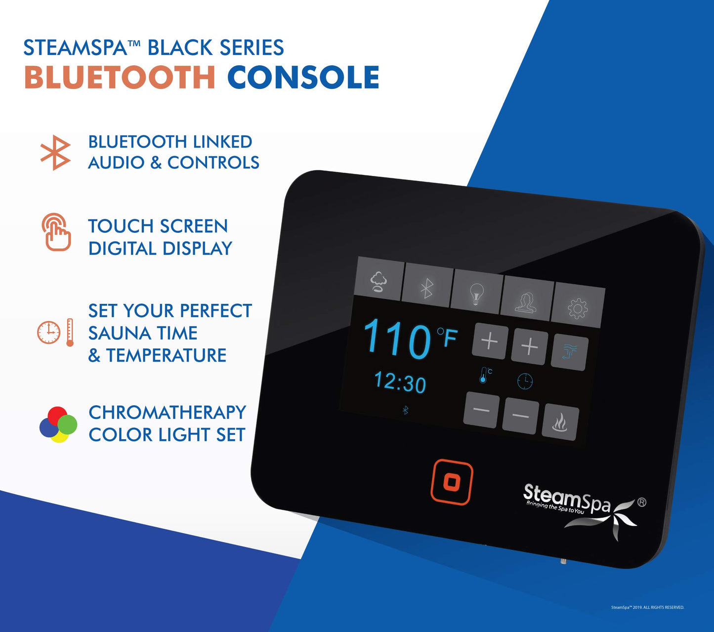 SteamSpa Generator with Quick Start Continuous Steam Technology, Wi-Fi, Bluetooth and Autodrain | 12kW Steam Generator with Chrome Steam Head with Aromatherapy Reservoir | SS-RVB1200CH-A