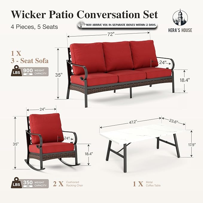 HERA'S HOUSE 4 Piece Metal Patio Furniture Set, All Weather Outdoor Conversation Set with 3 Seat Sofa, 2 Rocking Chairs & Coffee Table, Seats 5 for Backyard, Garden, Deck, Red