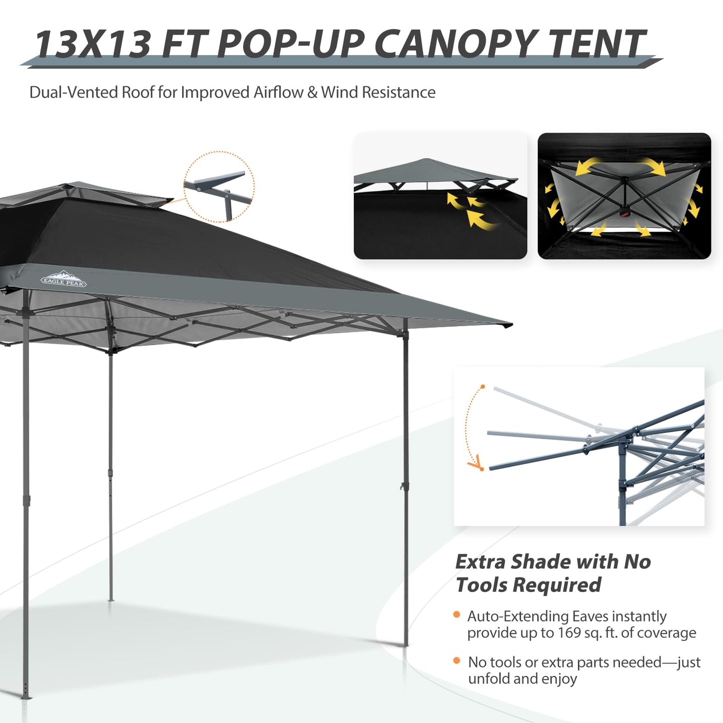 EAGLE PEAK 13x13 Straight Leg Pop Up Canopy Tent Instant Outdoor Canopy Easy Single Person Set up Folding Shelter w/Auto Extending Eaves 169 Square Feet of Shade (Black/Gray)