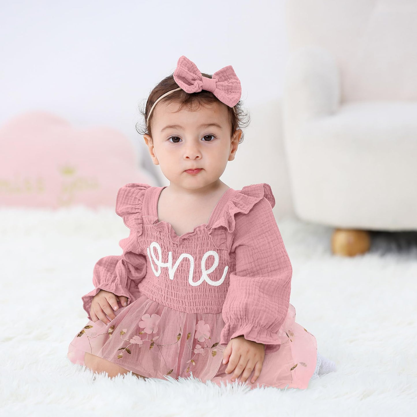 TITKKOP Baby Girl 1st Birthday Clothes One Year Old Tulle Romper Long Sleeve Bodysuit Cake Smash Outfits(rose pink,12-18M)