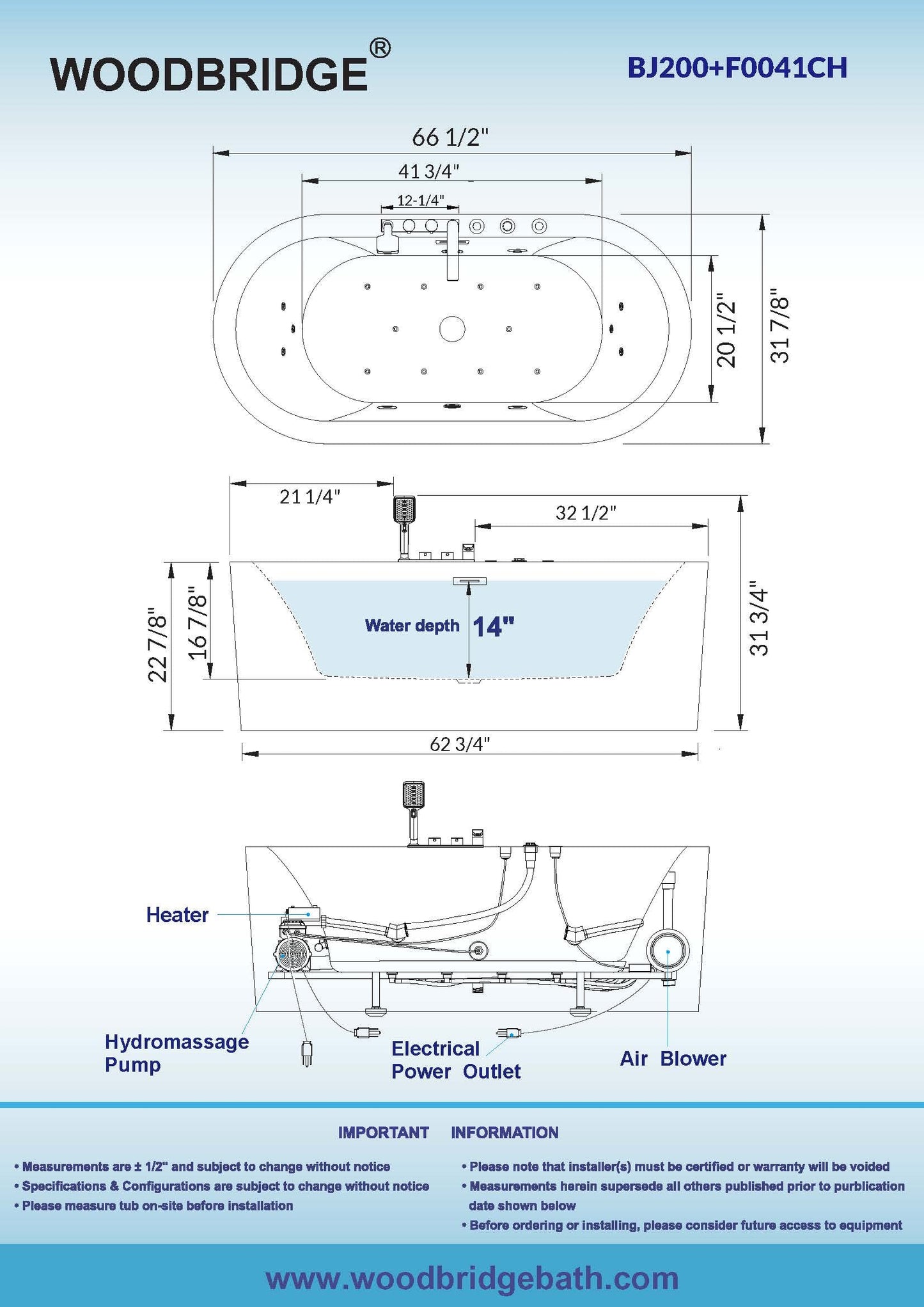 WOODBRIDGE 66-1/2" x 31-7/8" Whirlpool Water Jetted and Air Bubble Freestanding Heated Soaking Combination Bathtub withFaucet, BJ200+F0041CH