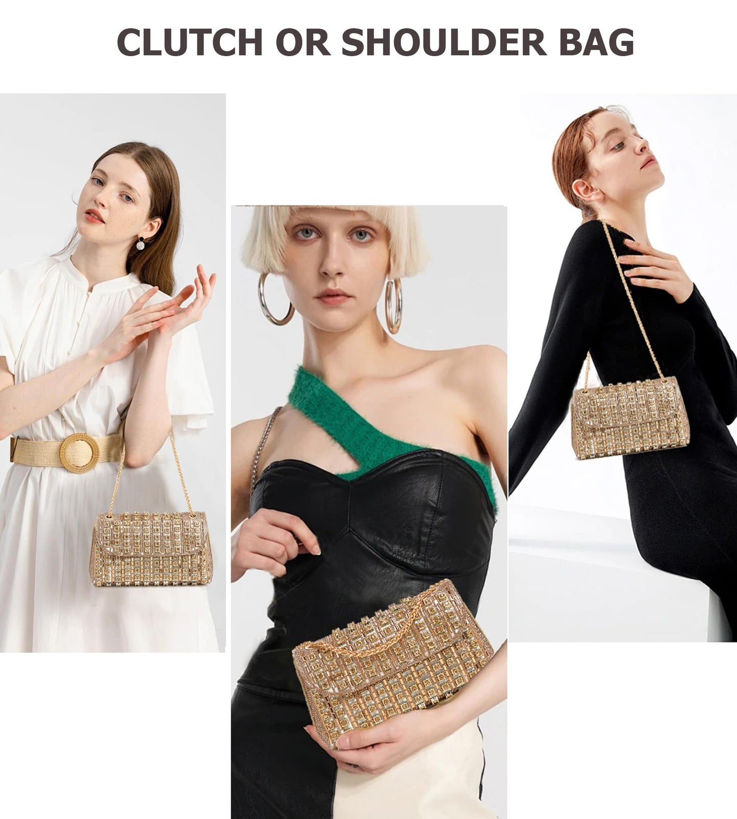 Sweetovo Rhinestones Clutch Purses for Women Chain Shoulder Bags Sparkly Evening Bags for Cocktail Prom Party Wedding (Gold)