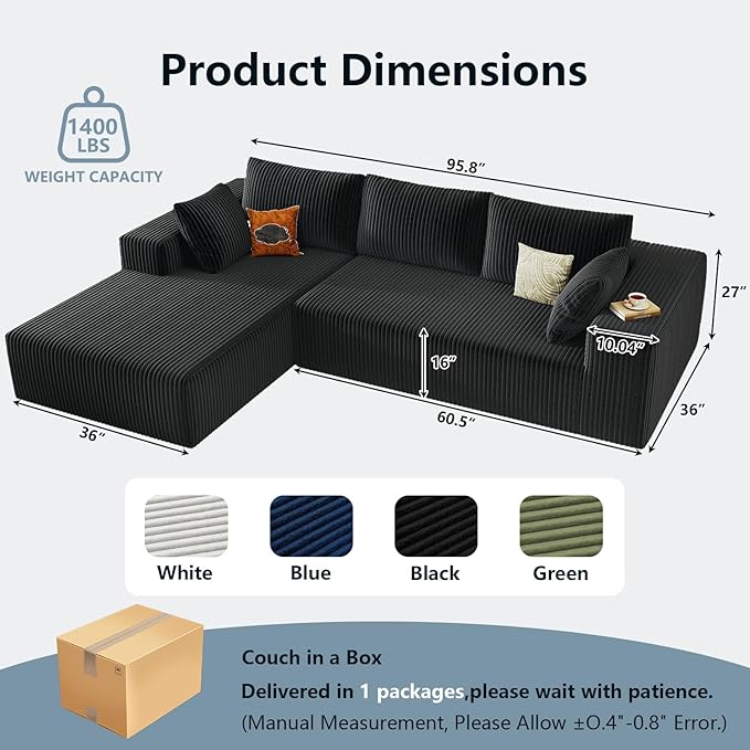 96" Cloud Sectional Couch with L-Shape Chaise, Modern Corduroy Boneless Couch for Living Room,Memory Foam Sofa with Deep Seat,No Assembly Required (Black,Left-Facing Chaise)