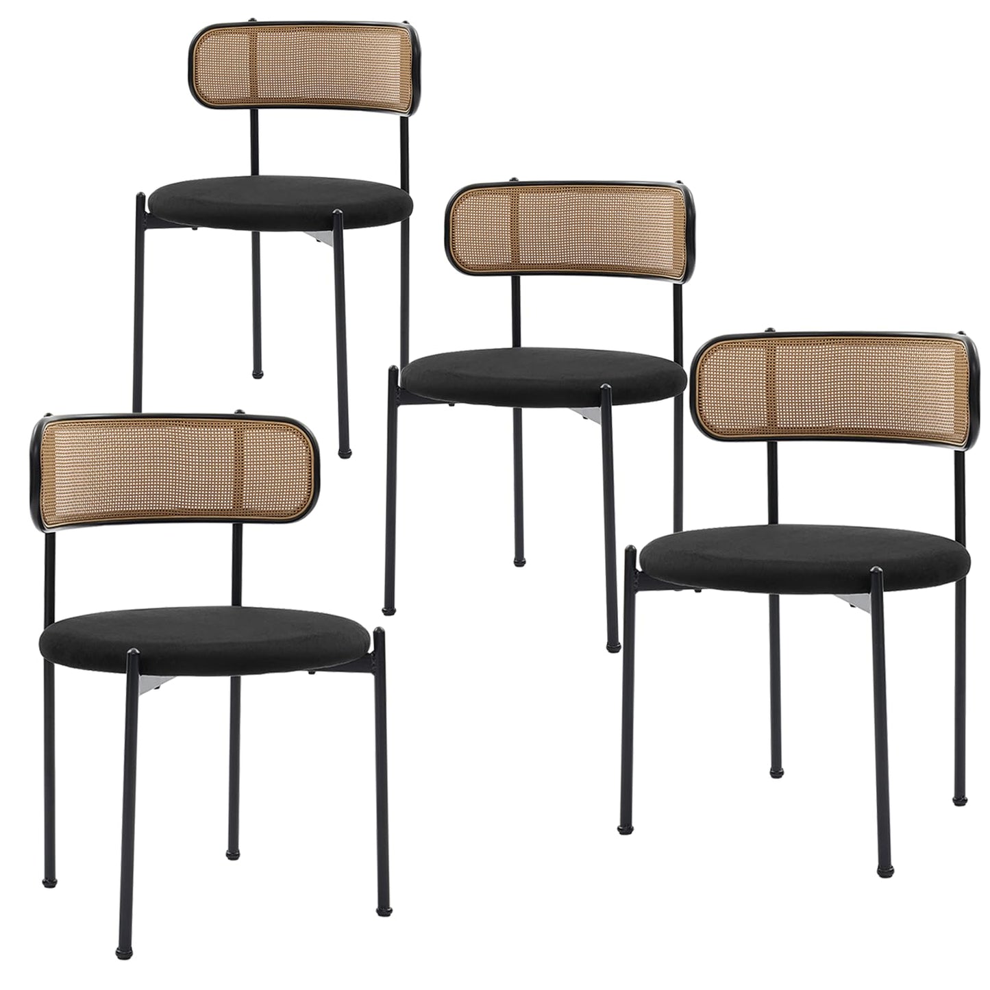 Rattan Dining Chairs Set of 4, Mid-Century Modern Chair with Boucle, Kitchen Dining Room Chairs for Living Room with Metal Legs, Round Upholstered Sherpa Chair with Rattan Backrest for Home, Black