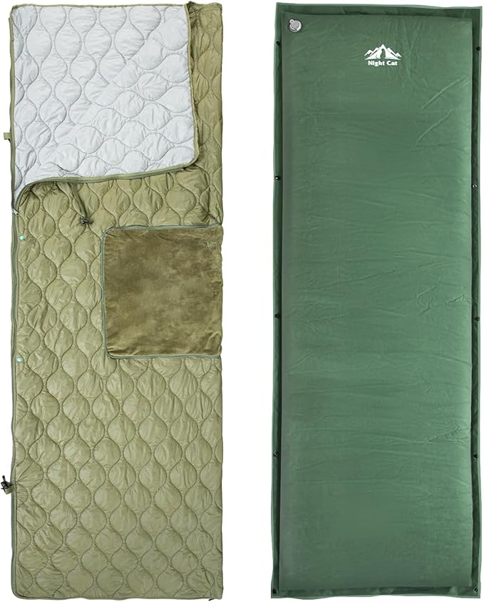 Night Cat Sleeping Bag with Self-Inflating Sleeping Pad for Camping - 4 in 1 Poncho for Adults Ultralight Wearable Quilt 3...