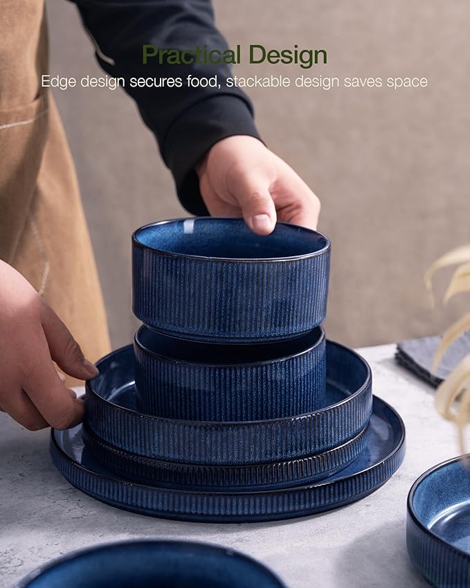 Famiware Star Dinnerware Set with Mugs, Service for 4 (16pcs), Ribbed Stoneware Plates and Bowls Dishes Sets - Chip & Scratch Resistant, Microwave & Dishwasher Safe, Nebulas Blue