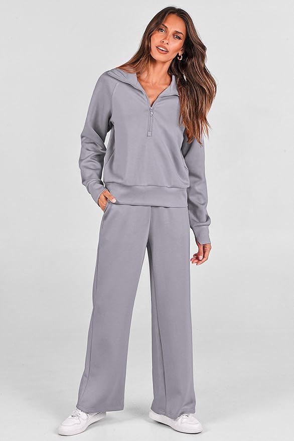 PRETTYGARDEN Women's 2 Piece Outfits Casual Lapel Half Zip Sweatshirts and Wide Leg Pants Tracksuit Sets