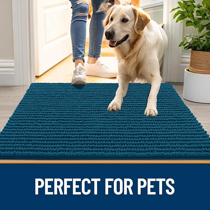 OLANLY Dog Door Mat for Muddy Paws 47x17, Ultra Absorbent Chenille Mud Doormat, Non-Slip Washable and Dirt Trapping Doormat for Indoor Entryway, Quick-Dry Indoor Pet Bed Mats for Dogs, Atlantic Blue