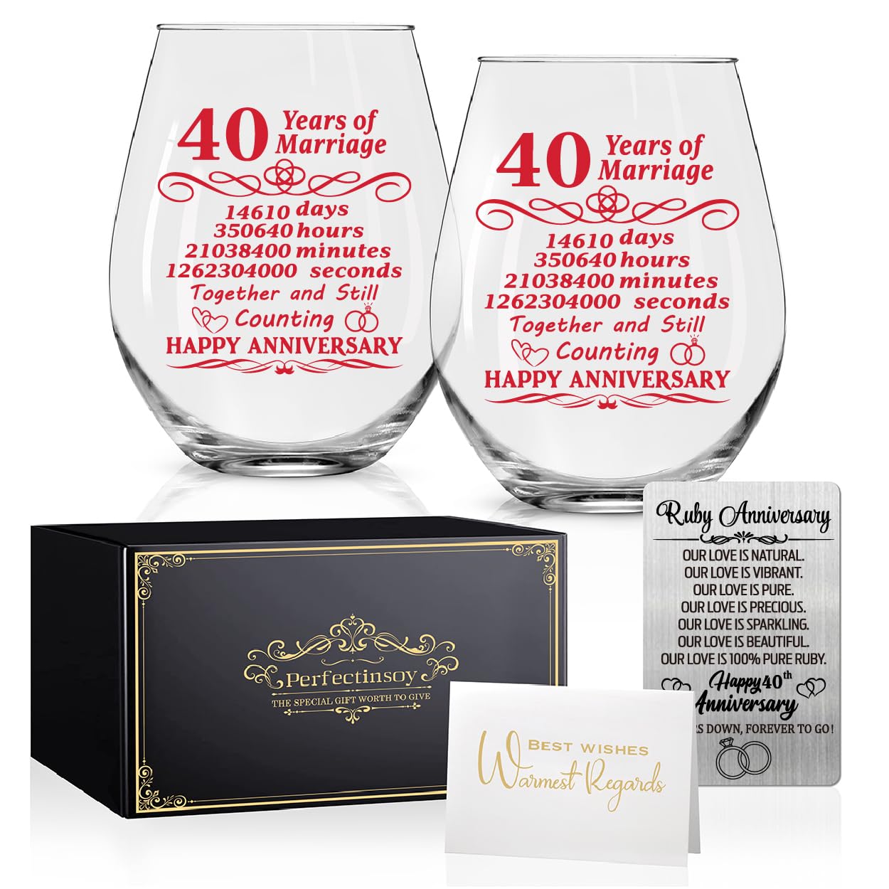 Perfectinsoy 40 Years of Marriage Wine Glasses Set of 2 with Metallic Memorial Card, 40th Birthday Wedding Gifts for Mom, Dad, Wife, Soulmate, Couple, Funny 40 Years Milestone Gift, Wedding Gift