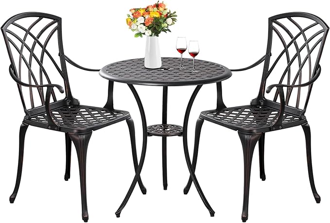Withniture Outdoor Patio Bistro Set All Weather Bistro Table and Chairs Set of 2 with Umbrella Hole, Cast Aluminum Outdoor Bistro Set Rust-Resistant Patio Furniture for Garden Porch, Bronze
