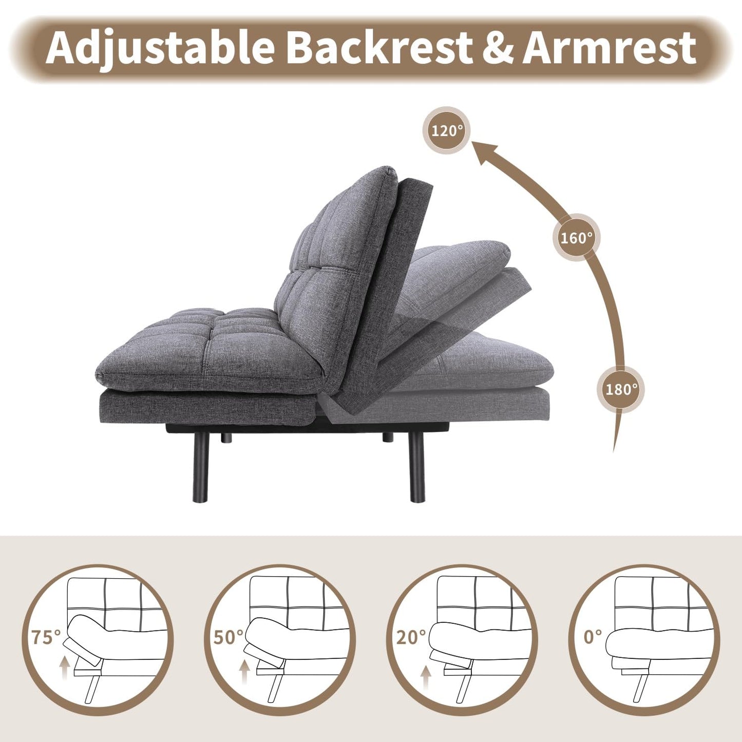 Opoiar 71" Convertible Futon Sofa Bed & Sleeper Couch - Memory Foam Loveseat Sofa with Adjustable Backrest/Armrest for Small Space, Apartment, Living Room - Grey