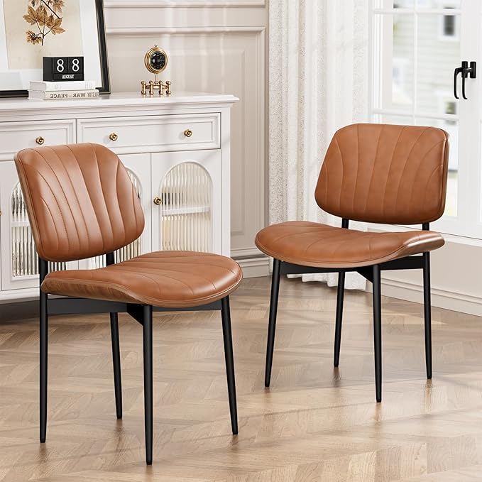 YaFiti Dining Chairs Set of 4, Dining Room and Kitchen Chairs, Mid Century Modern Accent Chair, Upholstered PU Leather Chairs for Vanity with Walnut Bentwood and Metal Legs, Light Tan