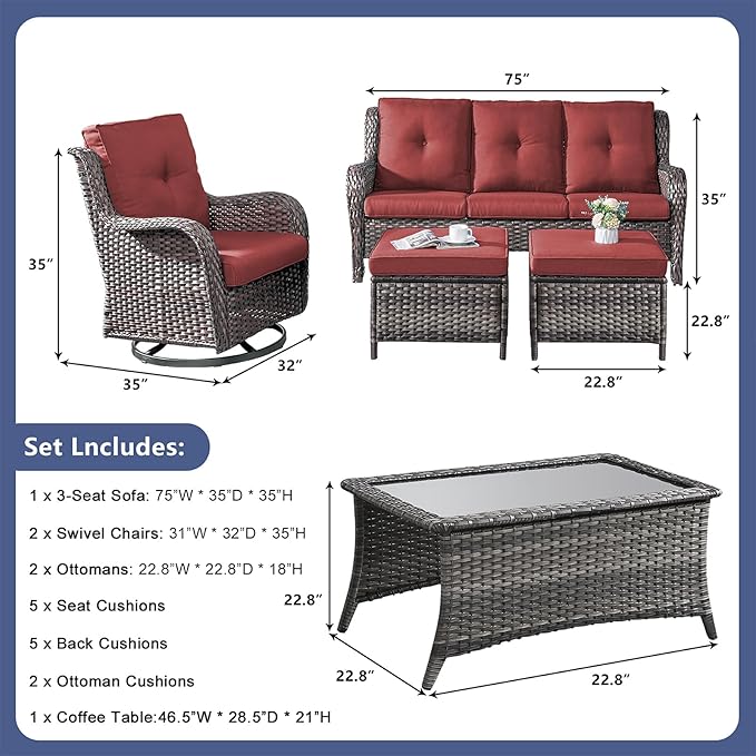 Rilyson Wicker Patio Furniture Set - 6 Piece Rattan Outdoor Sectional Conversation Sets with 2 Rocking Chair,2 Ottoman,1 Sofa and 1 Coffee Table for Porch Deck Garden(Mixed Grey/Red)