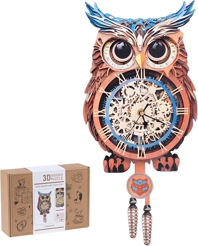 3D Wooden Puzzles for Adults, Owl Clock with Pendulum Model Kit, 3D Puzzles for Adults Room Home Decor DIY Wall Clock Kit, Holiday Birthday Christmas Day Gifts for Men Women Teens