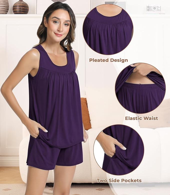 NACHILA Pajamas for Women-Viscose from Bamboo, Ribbed Racerback Tank Top Sexy Split Shorts Pajama Sets Cooling Sleep Cami Pjs