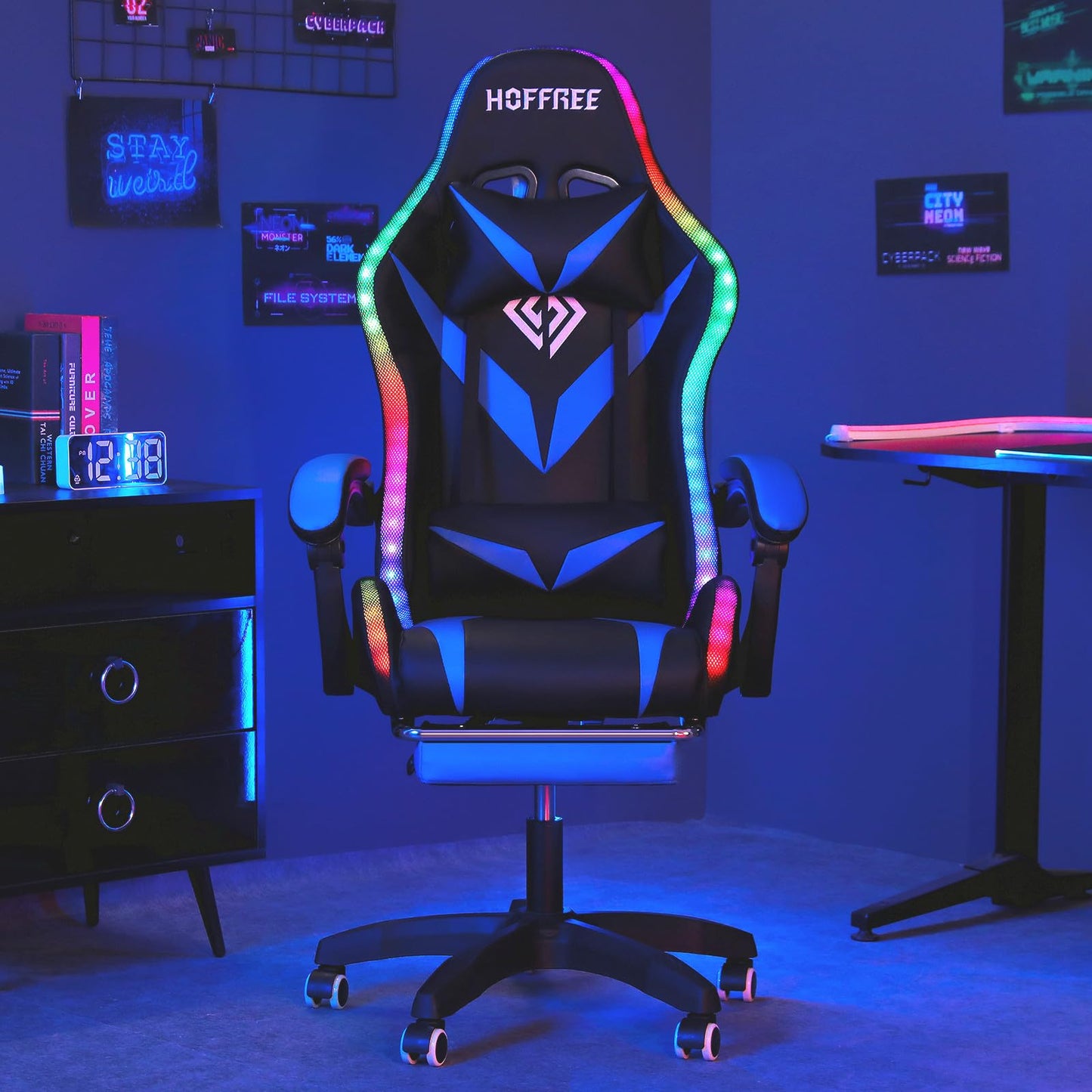 HOFFREE Gaming Chair Massage with Bluetooth Speakers and Led Lights Ergonomic Computer Gaming Chair with Footrest RGB Video Game Chair with High Back Lumbar Support Blue and Black