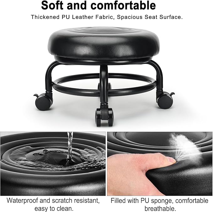 LWADALN Low Height Rolling Stool Low Roller Stool PU Leather Comfortable Chair, Modern Low Rolling Stool for Home Office Garage Shop