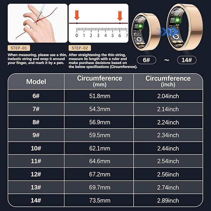 Smart Health Ring for Women Men, Fitness Tracker Ring with Heart Rate, Blood Oxygen, Sleep Tracker, Step Tracker, No Subscription Fee, IP68 Waterproof Smart Ring for iPhone & Android (Rose Gold, 7#)