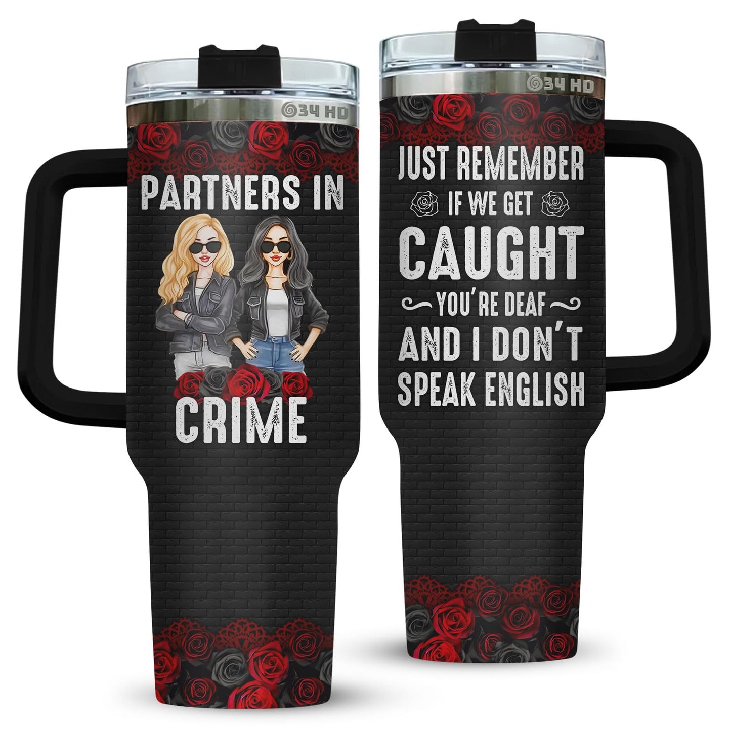 34HD Partners in Crime Tumbler with Handle and Straw, 40oz Stainless Steel Bestie Drinking Cup, BFF Coffee Mug, Best Friends Gifts for Birthday Christmas, Funny Friends Gift Ideas for Women