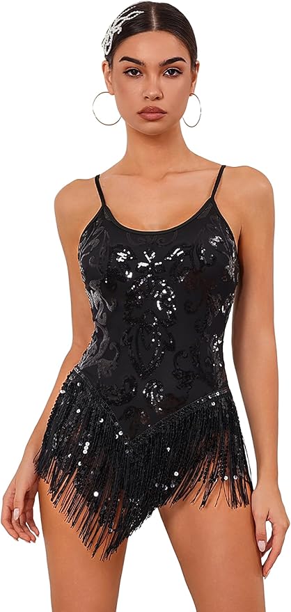 ODIZLI Women Sparkle Sequins Fringe Tassel Leotard One Piece Bodysuit Latin Dance