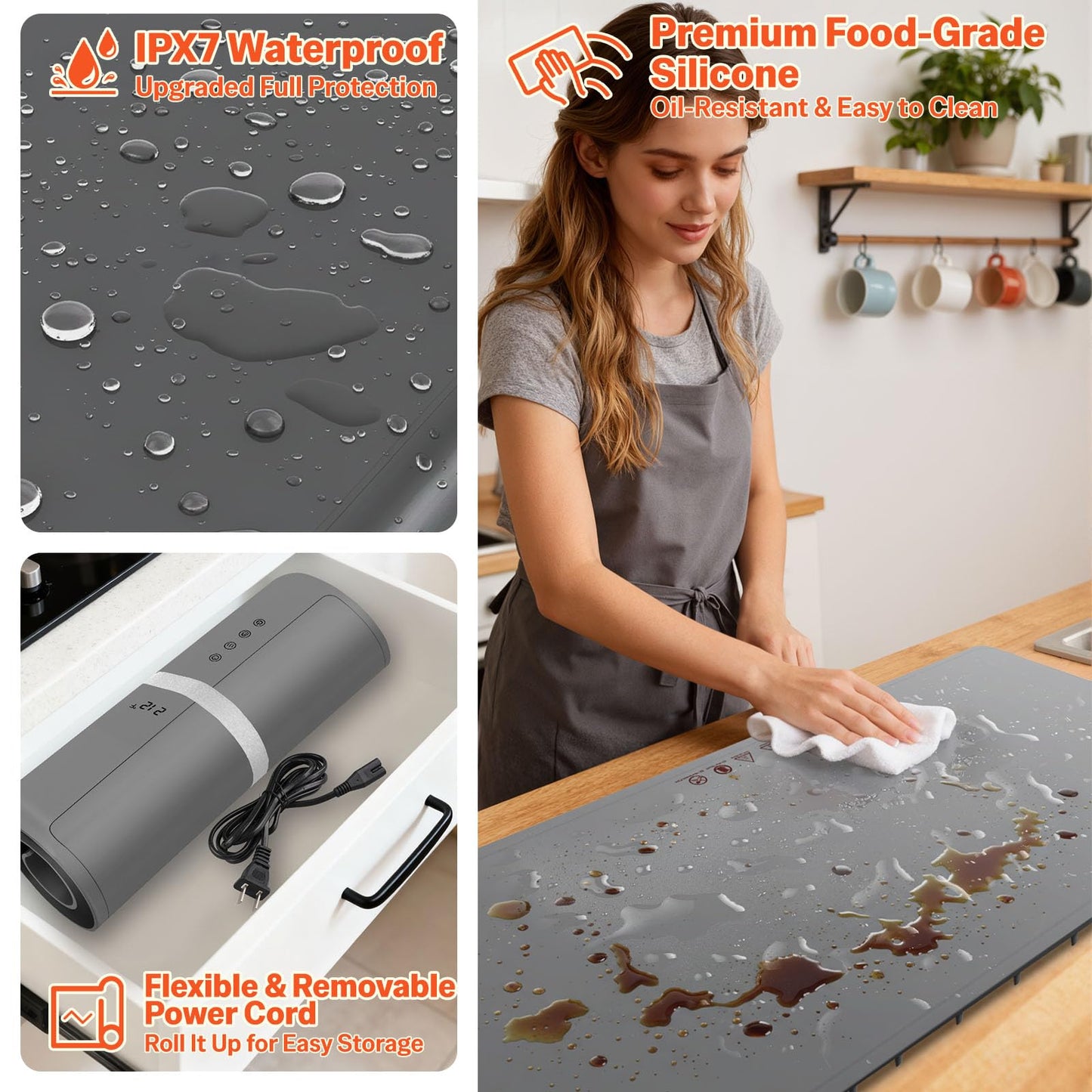 Warming Mat For Food Extra Large 36"x16" Quick, Full-Surface Heating Portable Food Warming Mat 6 Temp Levels, 8-Hour Timer, IPX7 Electric Warming Trays Rollable Silicone Food Warmer for Parties Buffet