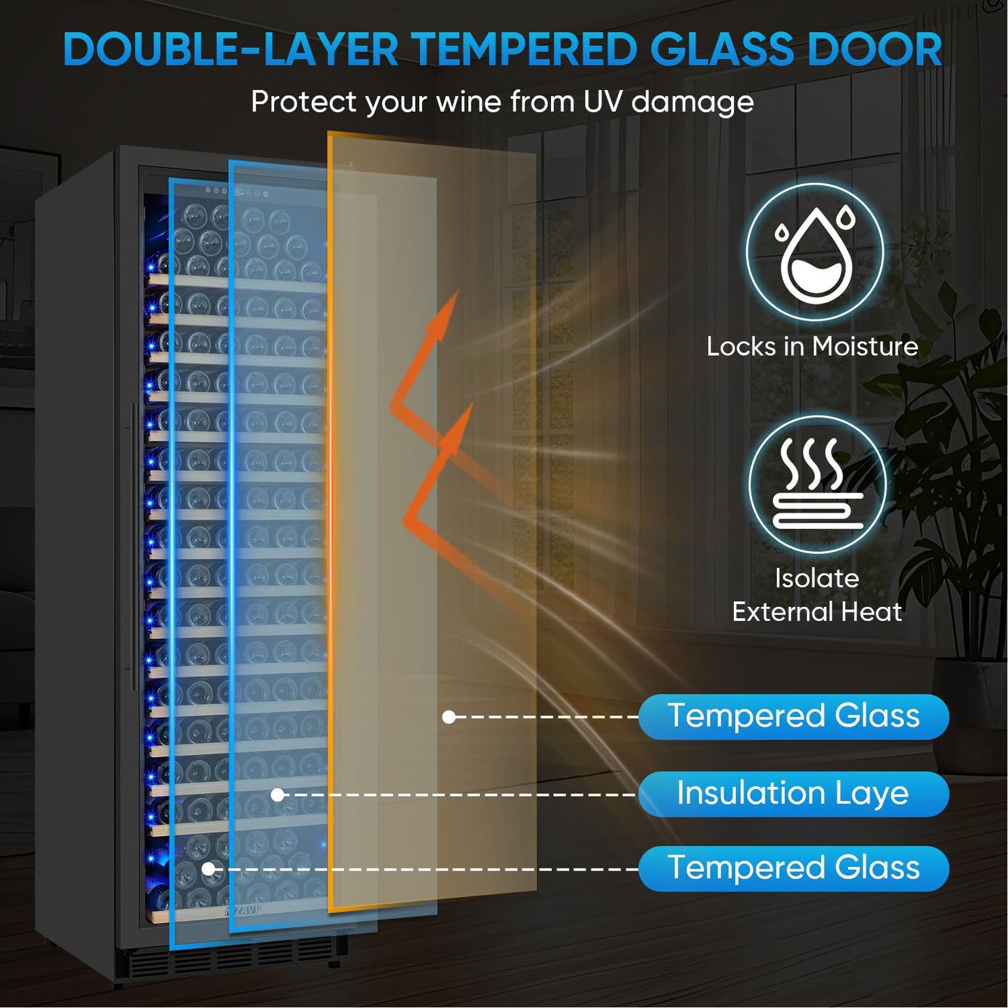 MZAVP Large Wine Fridge, 200 Bottles Wine Fridge with Fast Cooling and Intelligent Temperature Memory, Wine Cooler Refrigerator Freestanding or Built-in, Tall Wine Refrigerator with Glass Door, Black