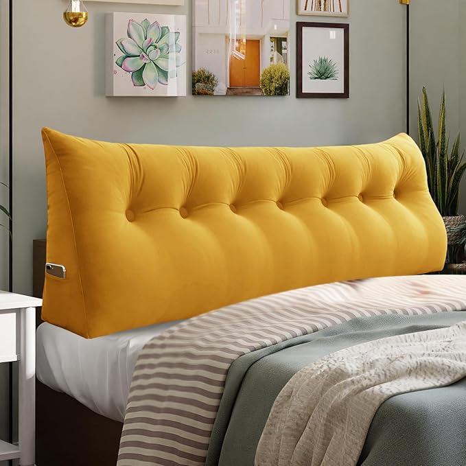 Bed Wedge Headboard Pillow - College Dorm Reading Pillow Back Support While Sitting in Bed - Ergonomic Lumbar Pillow Body Positioning Bed Pillow - Velvet Golden Yellow 76IN