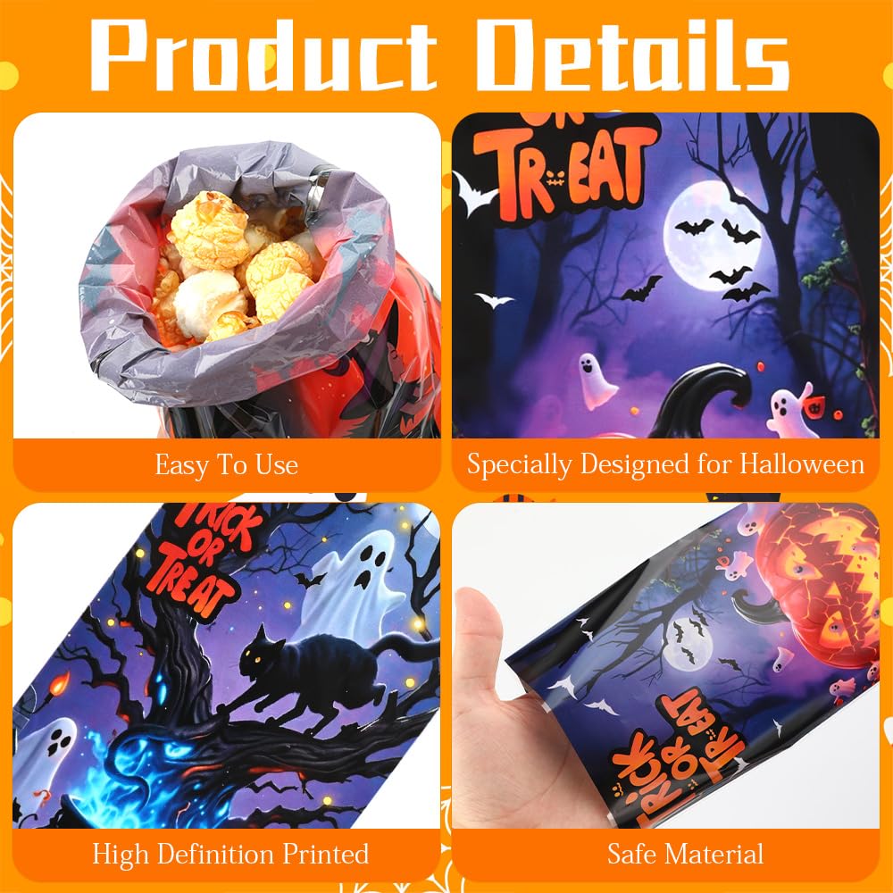 Halloween Cellophane Treat Bags, 100 Pcs Plastic Trick or Treat Candy Goodie Gift Bags with Twist Ties, 4 Style Clear Cookies Snack Goody Bag for Halloween Birthday Party Favors Supplies 10.8 X 4.9 In