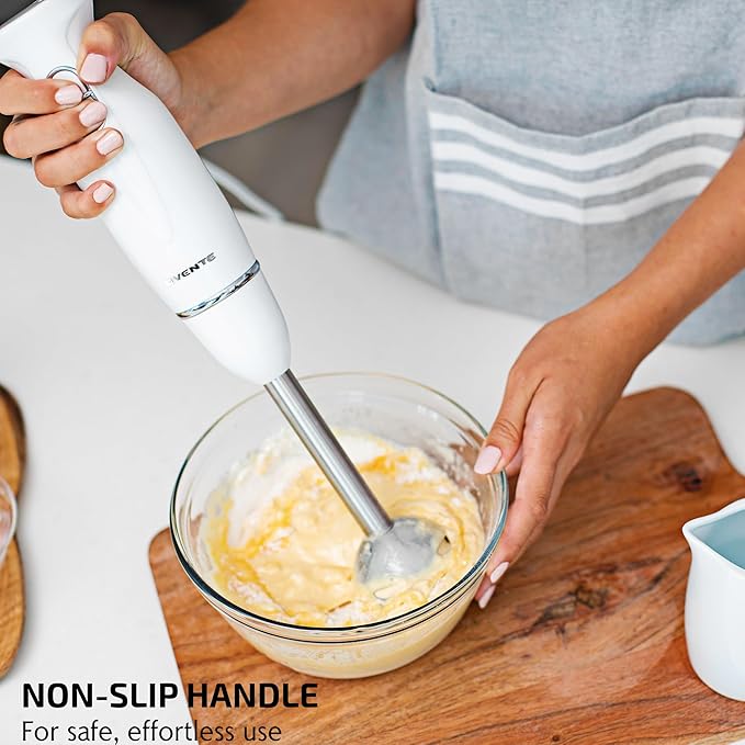 OVENTE Immersion Hand Blender, 300W Corded Electric Handheld Stick Mixer with 2 Mixing Speeds and Stainless Steel Blades for Smoothies, Purees & Baby Food, White HS560W
