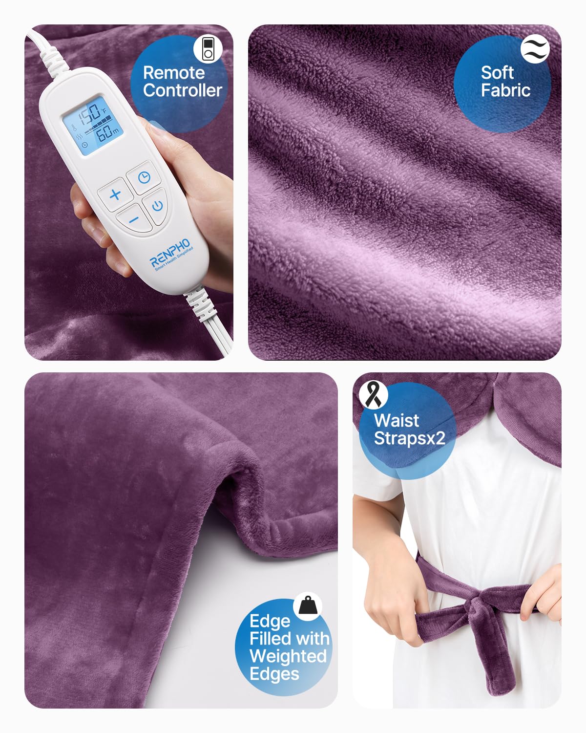 RENPHO Heating Pad for Neck and Shoulders and Back Pain Relief, FSA Eligible Items Only List, Birthday Gifts for Mom Wife Women, Electric Heat Pad, Fast Heating, ETL Certified, 24"x33", Purple