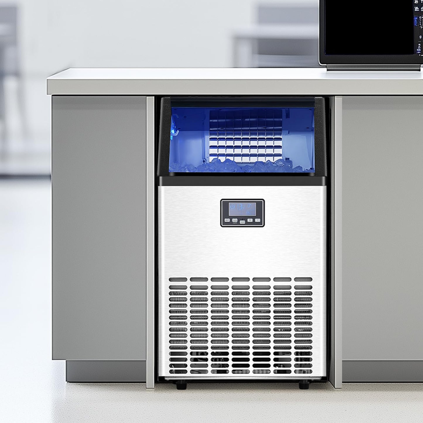 VEVOR Commercial Ice Maker Machine with 2 Water Inlets, 100lbs/24H Ice Maker with 33lbs Storage Bin, 45 Ice Cubes in 15 Mins, LED Digital Display Freestanding & Self-Cleaning for Bar Office Restaurant