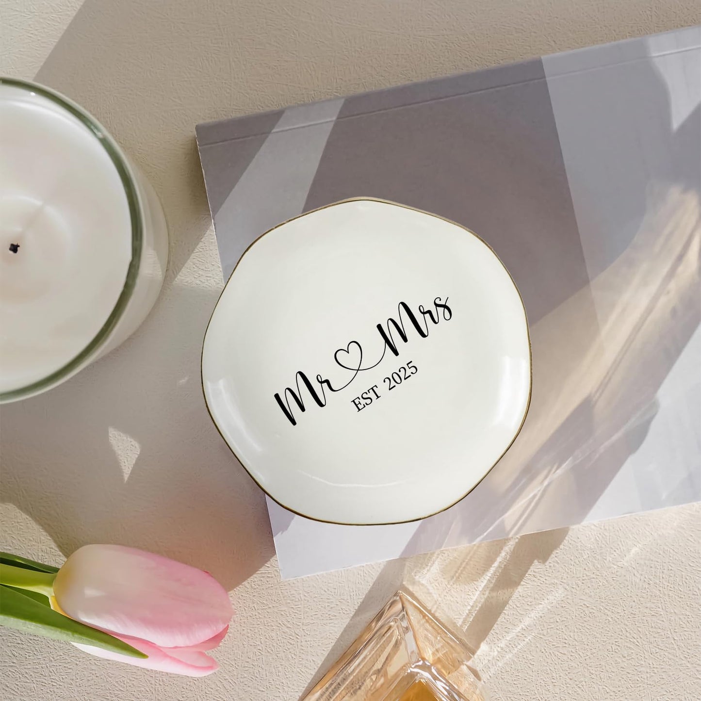 Mr & Mrs EST 2025 Ring Dish - Elegant Ceramic Ring Holder for Engagement, Wedding, and Bridal Shower Gifts - Honeymoon Keepsake for Friends, Newlyweds, and Bride-to-Be