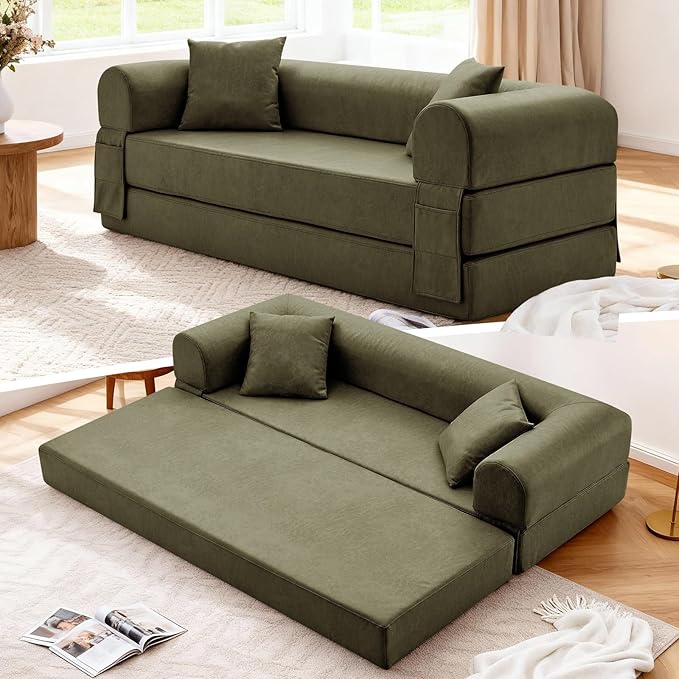 GJQ Convertible Folding Sofa Bed,78.5 Inch Faux Leather Futon Couch with Pillows & Storage Pocket,5-in-1 Queen Sleeper Sofa in a Box with Pull Out Bed,Boneless Couch for Living Room Bedroom,Green