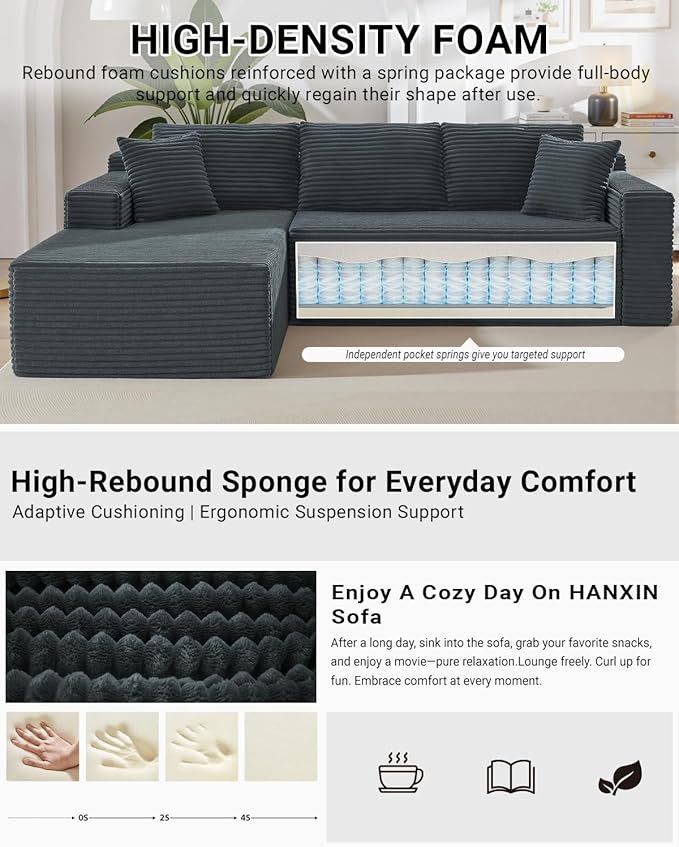 105 Inch Cloud Sectional Couch,Modern Modular Sectional Sofa with Deep Seat,Corduroy Boneless Couches with L-Shape Chaise for Living Room Bedroom,No Assembly Required (Dark Grey, Left Facing Chaise)