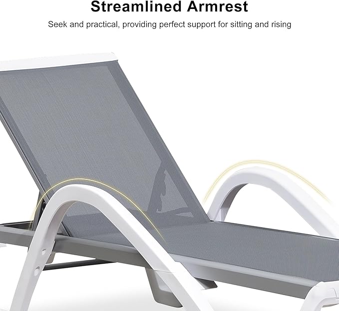 PURPLE LEAF Patio Chaise Lounge Chair Set of 3 Outside Aluminum Plastic Stackable Tanning Chairs with Armrests and Side Table for Pool Sunbathing Beach Deck Outdoor Lounger, Light Grey