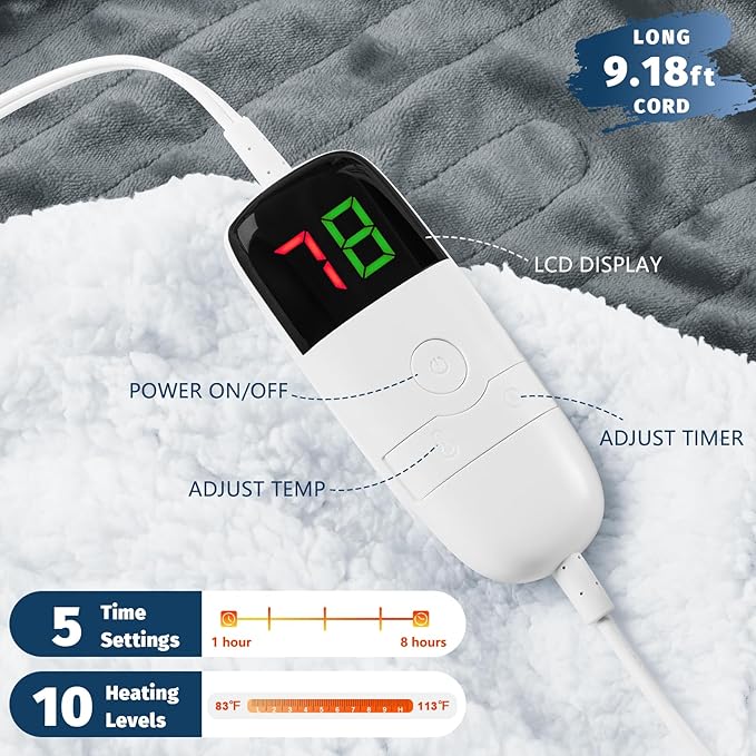 BOMOVA Heated Electric Blanket Twin - 62" x 84" Heating Blanket with 10 Heating Levels & 8 Hours Auto Off, Warm Flannel Blanket, Christmas Birthday Gifts for Women