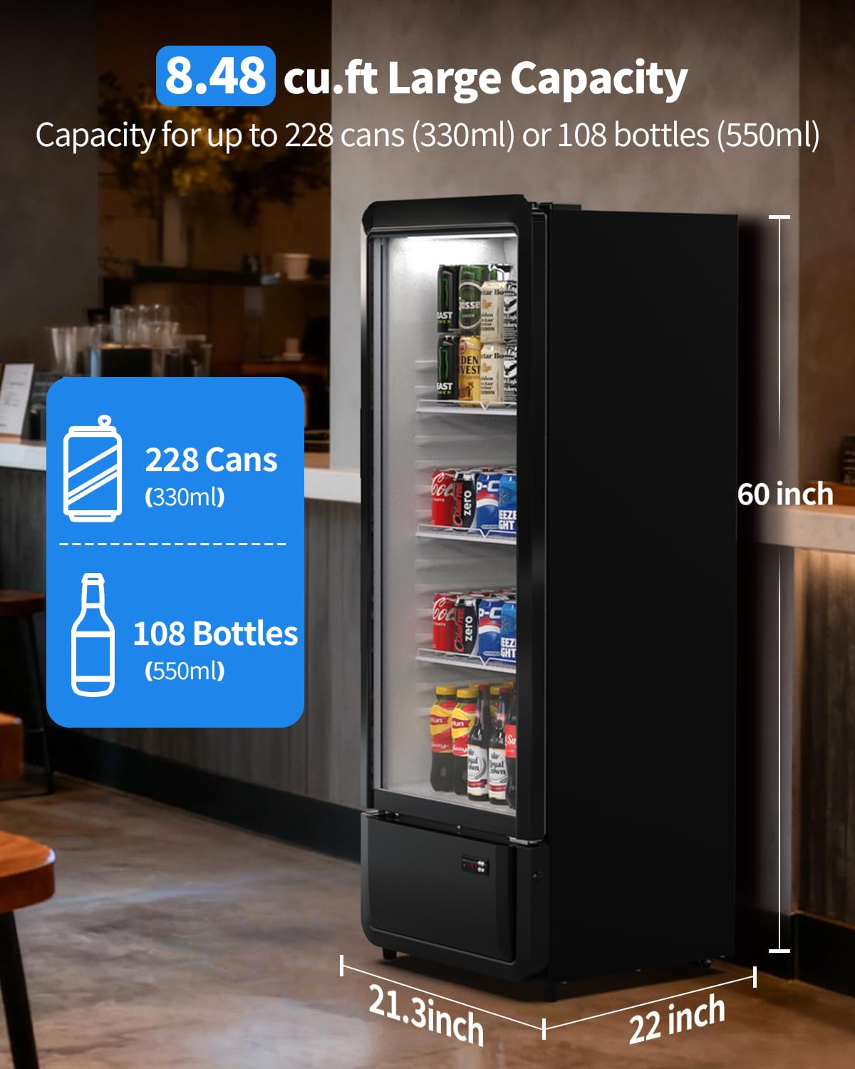 8.37 Cu. Ft Commercial Beverage Refrigerators, Drink Fridge with Glass Door & LED, 3 Adjustable Shelves Holds 228 Cans, Outdoor Display Fridge for Bar, ETL, DOE, and NSF certified