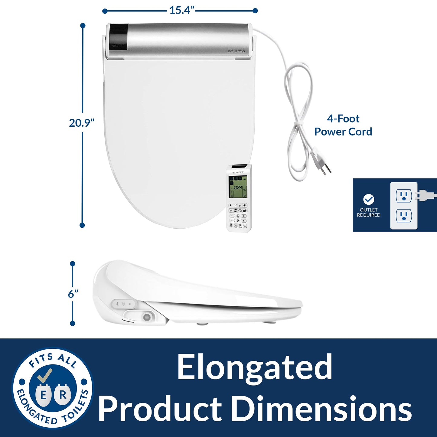 Bio Bidet BB2000 Bliss Electric Bidet Toilet Seat, Warm Water with Air Dryer, Heated Seat with Sensor and Slow Close Lid, Night Light, Remote Control, Elongated, White