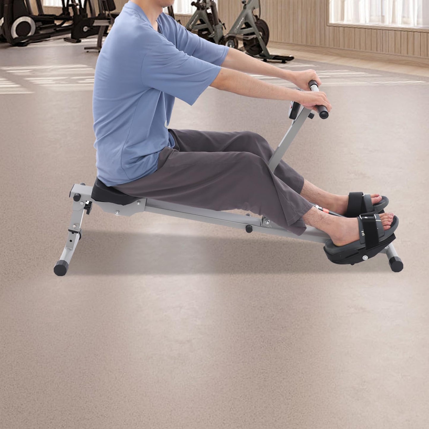 Foldable Rowing Machine for Home - 12-Level Magnetic Rowing Machine with Monitor, Freestanding Hydraulic Resistance Rower for Small Spaces, Cardio & Strength Training (Black/Grey)