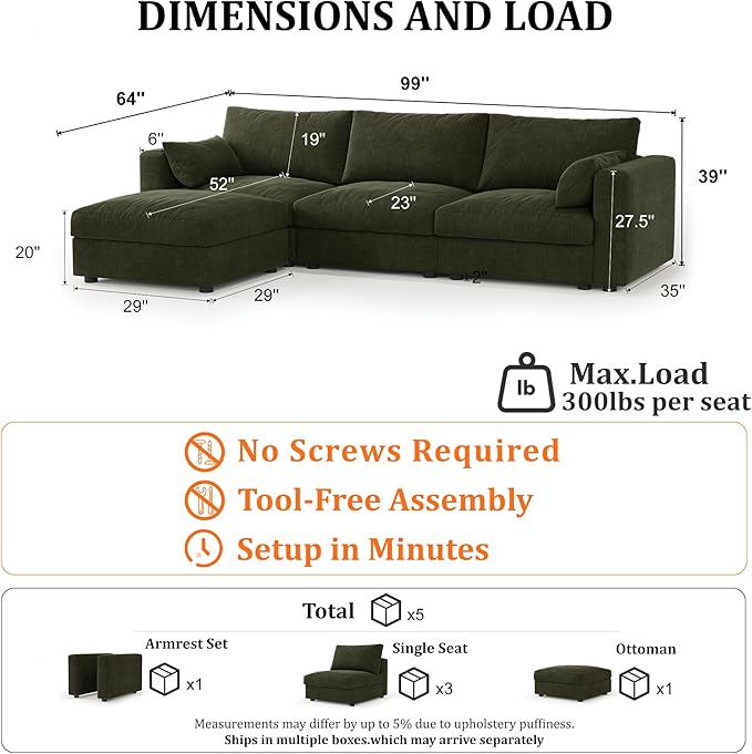 Cloud Modular Sectional Sofa Couch with Storage Ottoman, 99" Oversized Sectional Couches for Living Room, Cloud Modular L-Shaped Sofa with Chaise, 4 Seater, Chenille, Green