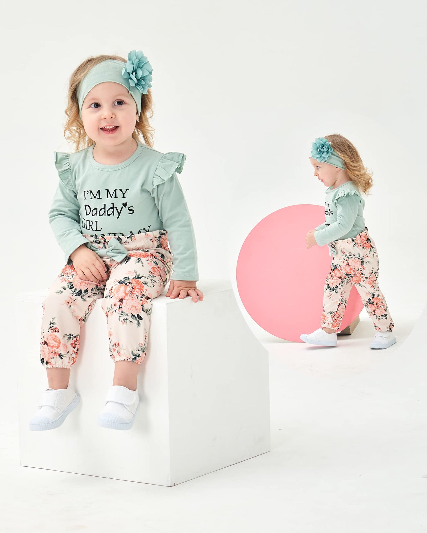 SUNNY PIGGY Baby Girl Clothes Newborn Outfit Infant Winter Fall One Piece Set Letter Print Flower Pants Set Long Sleeve Romper Baby Girl's Clothing with Headband 3-6 Months Green 4PCS