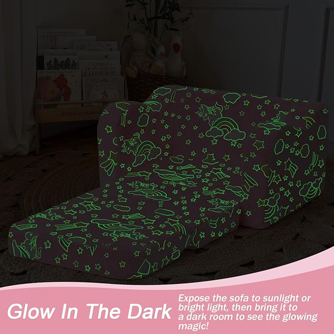 MeMoreCool Folding Toddler Chair, Glow-in-The-Dark Soft Plush Kids Fold-Out Couch Sofa, Comfy Baby Recliner for Girls and Boys (Pink Rainbow)