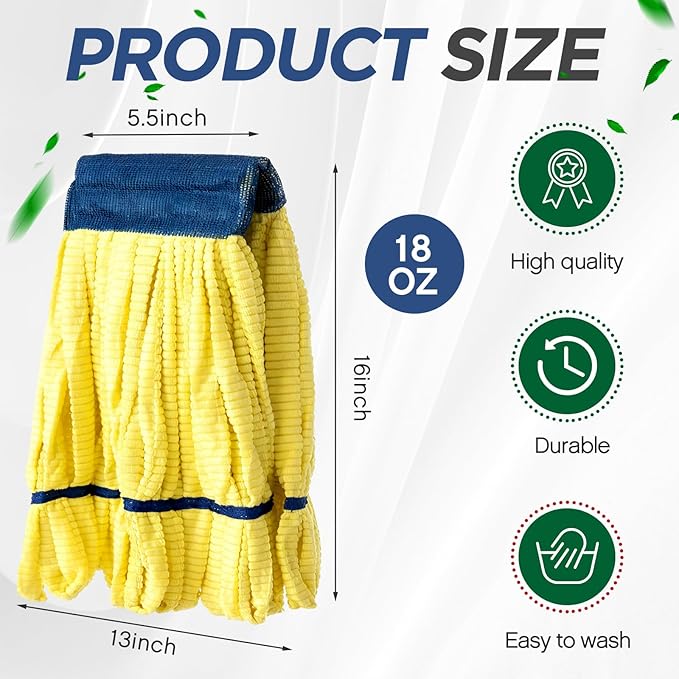 Hushee 12 Pack Large Microfiber Tube Mop Heads 18 oz Heavy Duty Commercial Industrial Wet Mop Head Refill Reusable Machine Washable Looped End Mopheads for Hardwood, Tile, Laminate Floors (Yellow)