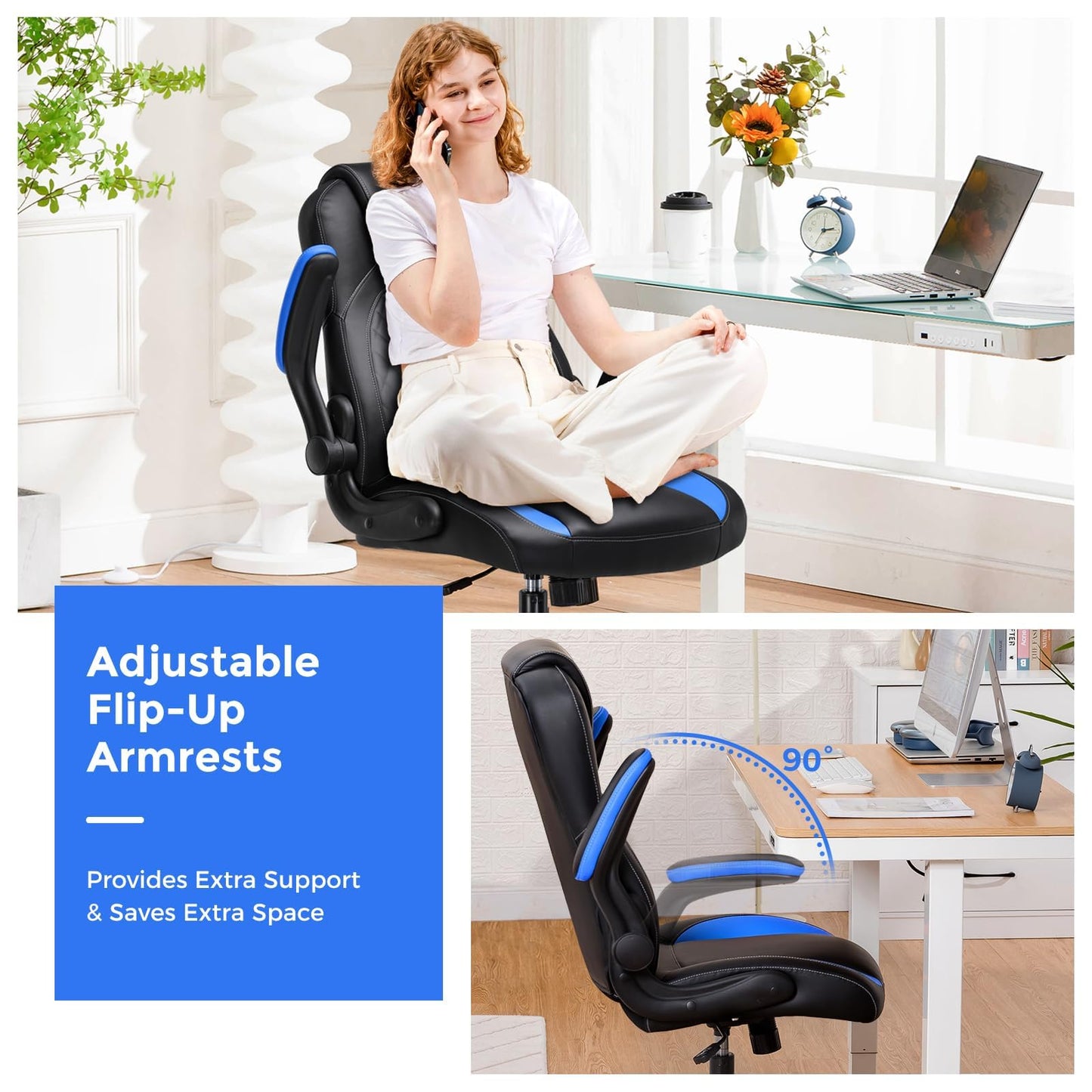 COMHOMA Office Computer Gaming Chair Ergonomic Desk Chair for Adults with Lumbar Support Flip-Up Arms Adjustable Height Swivel Wheels PU Leather Executive Design for Short People Use, Blue